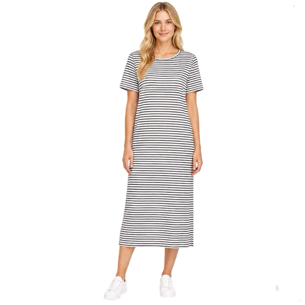 Eileen Fisher Striped Slub Organic Cotton Tee Shirt Dress Green White Size Small